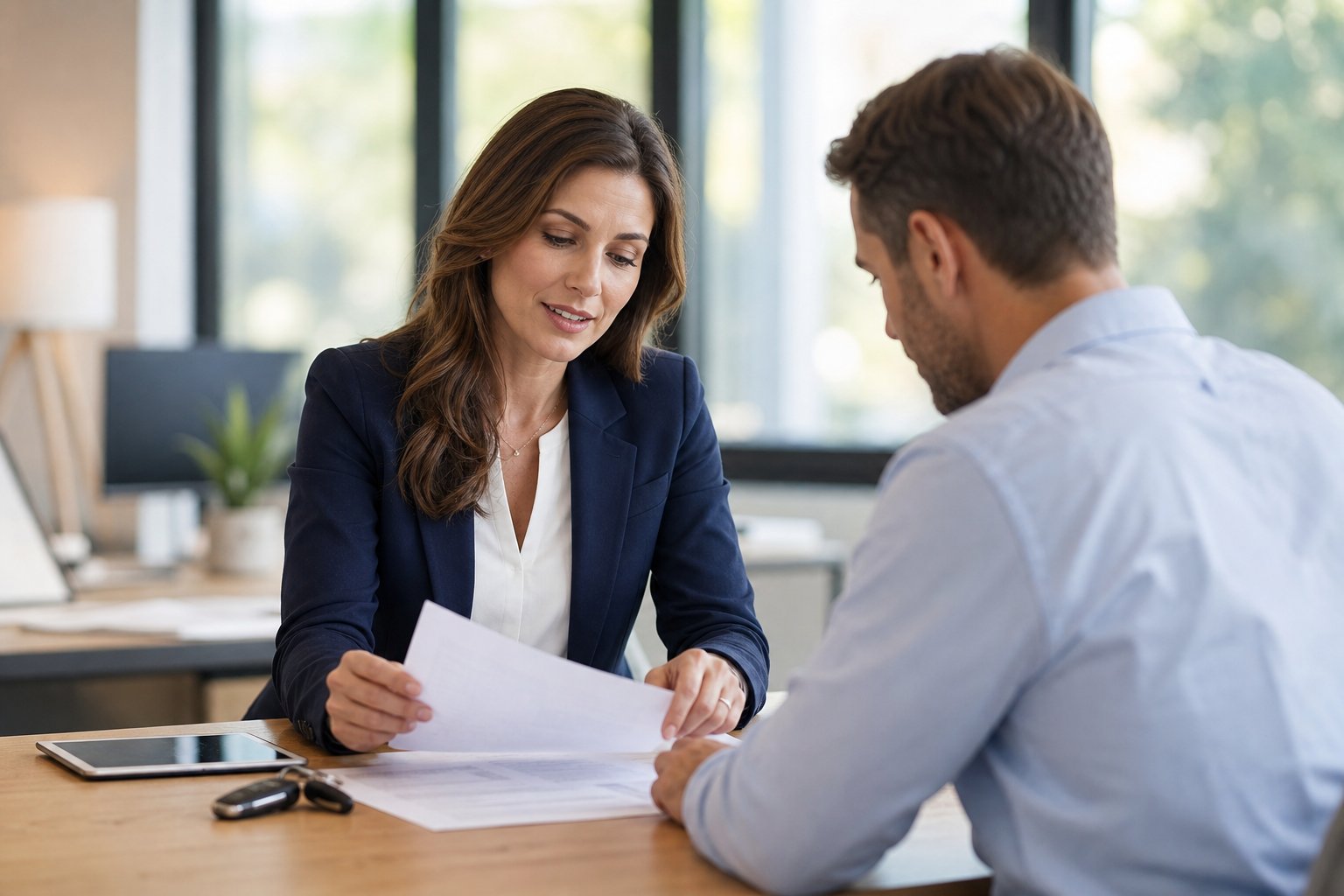 An insurance advisor reviewing a policy document with a client at a desk
